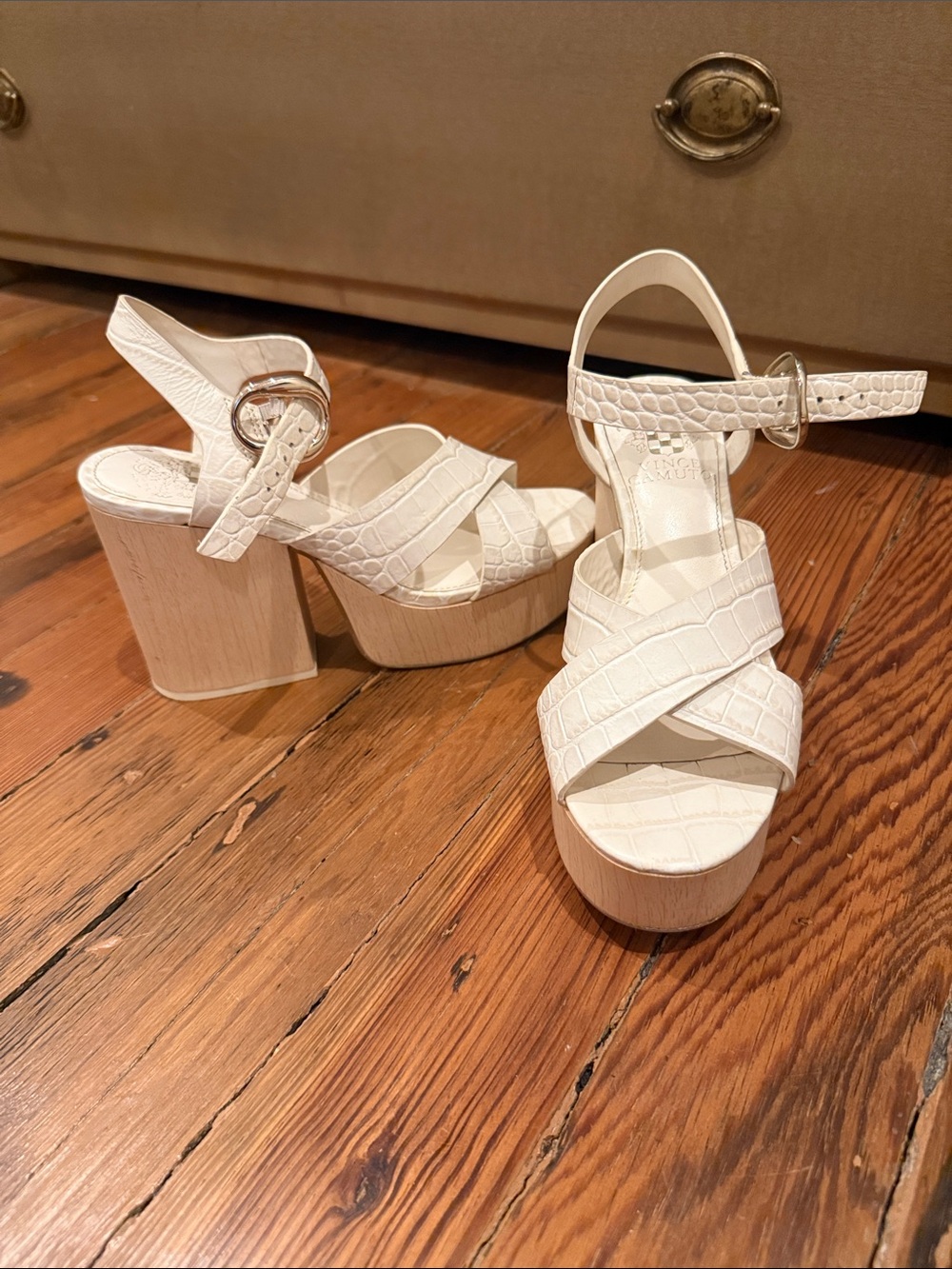 Vince Camuto White Croc-Embossed Platform Block Heel Sandals